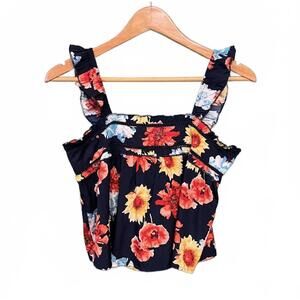 Boho Vibrant Floral Babydoll Top – Romantic Ruffle Shoulder Strap Tank, Size XS